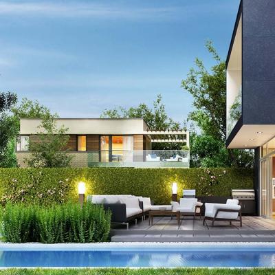 Fancy home backyard with meticulous landscaping